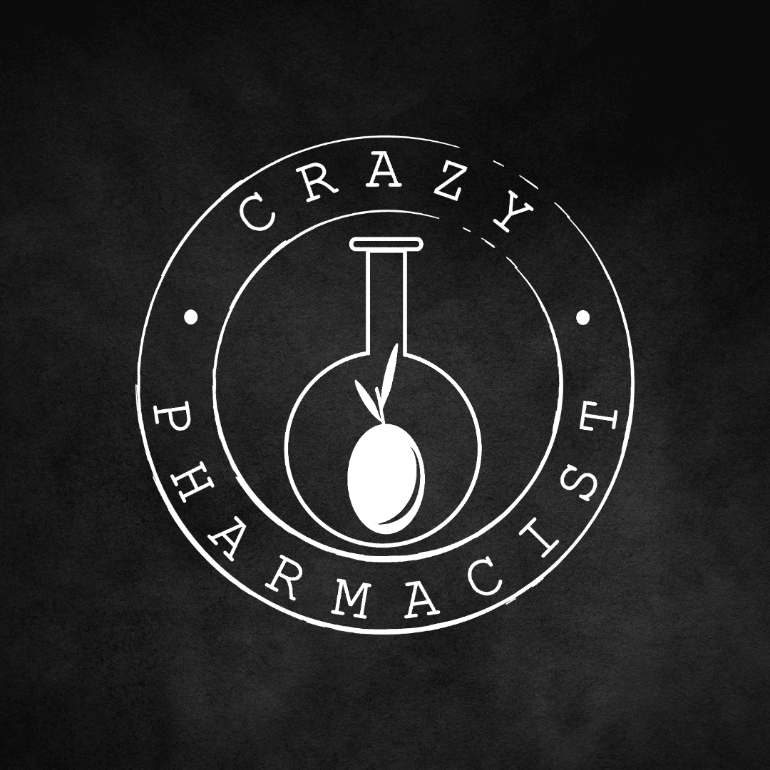 Crazy Pharmacist logo – circular wordmark with a stylized apothecary flask and olive inside. White on black background.