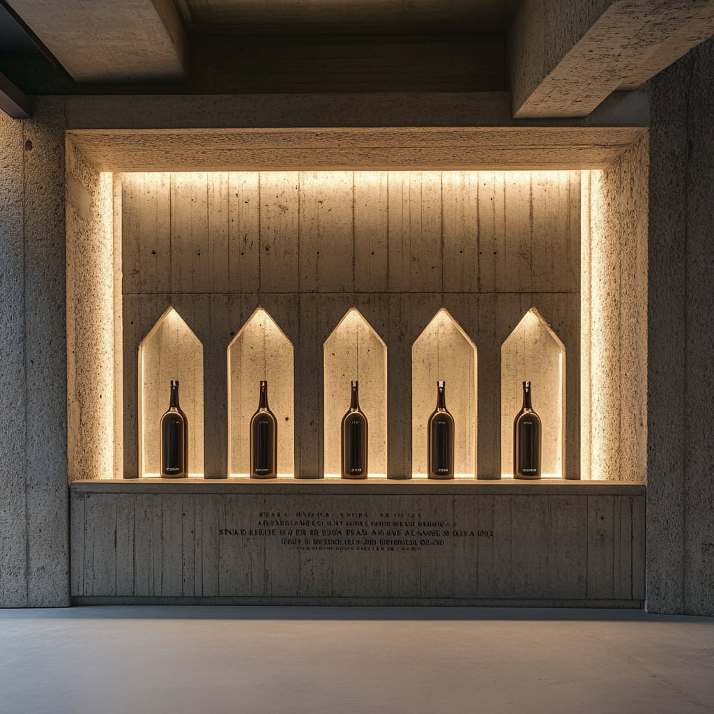 Illuminated olive oil bottles embedded in a brutalist concrete wall. A sacred archive of formulas – secure, minimal, and ritualistic.