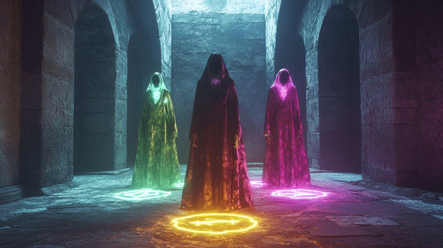 Three hooded ritual avatars representing the Craft Oil lineup by Crazy Pharmacist – Helena, Evil Sis, and Holy Sis – standing in a stone chamber, each illuminated by glowing sigils in gold, magenta, and green.