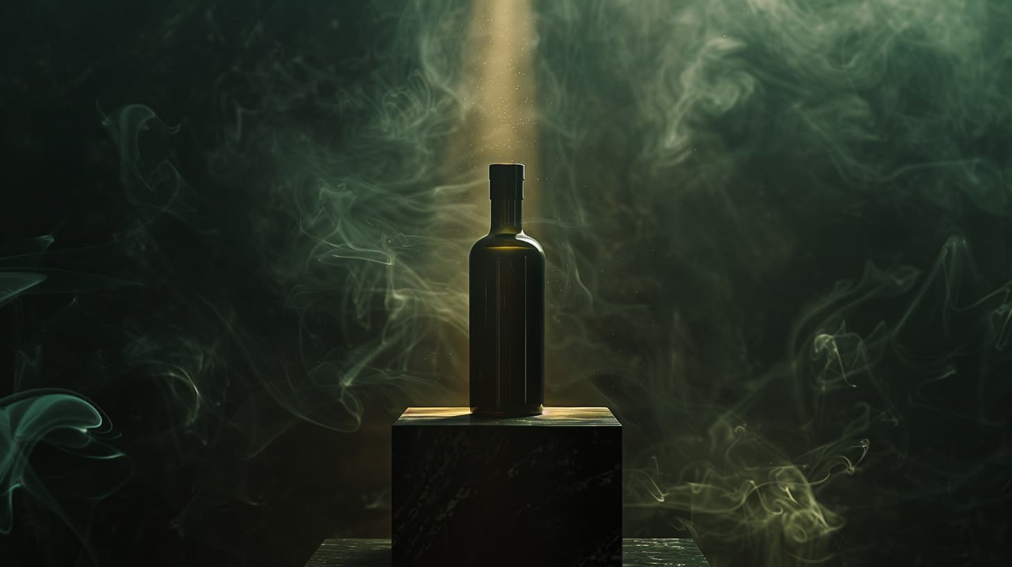 Dark glass olive oil bottle on black marble pedestal, illuminated by a golden spotlight with swirling green smoke – cinematic, minimal, and ritual-inspired.