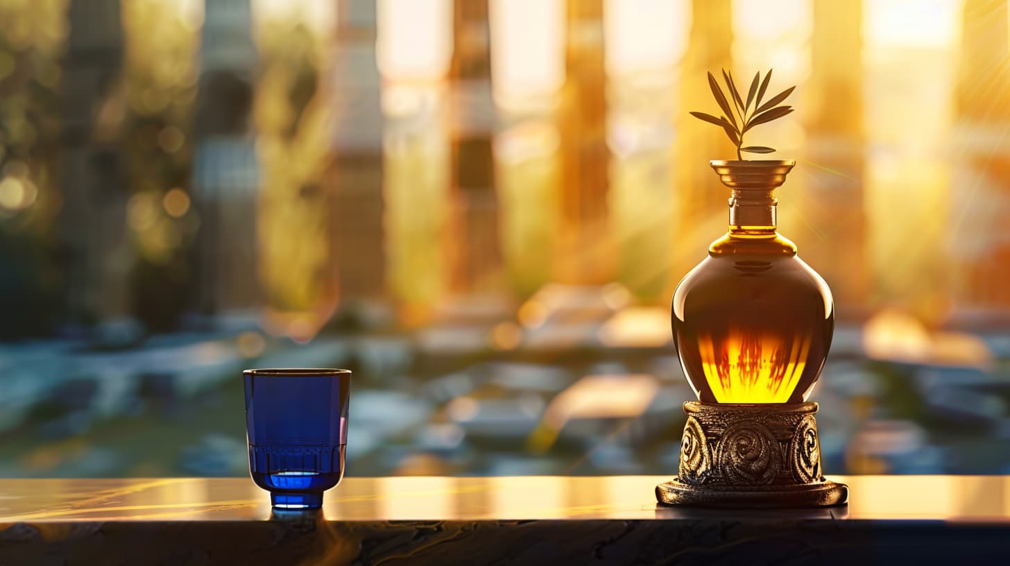 Elegant dark glass olive oil bottle on an ornate base with olive branch, beside a blue olive oil tasting glass, golden sunlight and blurred columns of Olympia in the background.