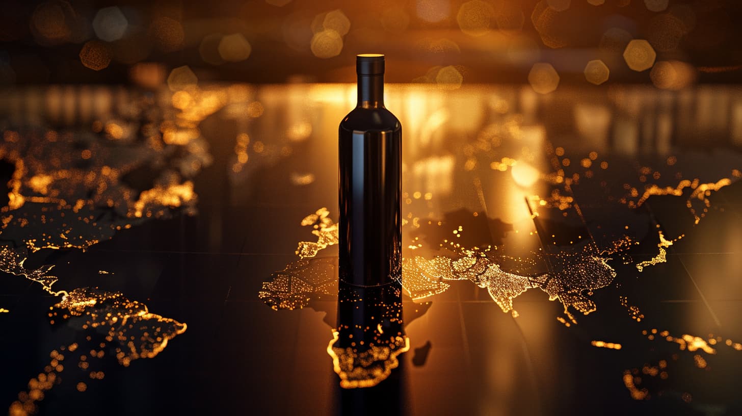 Elegant dark glass olive oil bottle standing on an illuminated world map with golden light connections, symbolizing global wholesale and trade network.