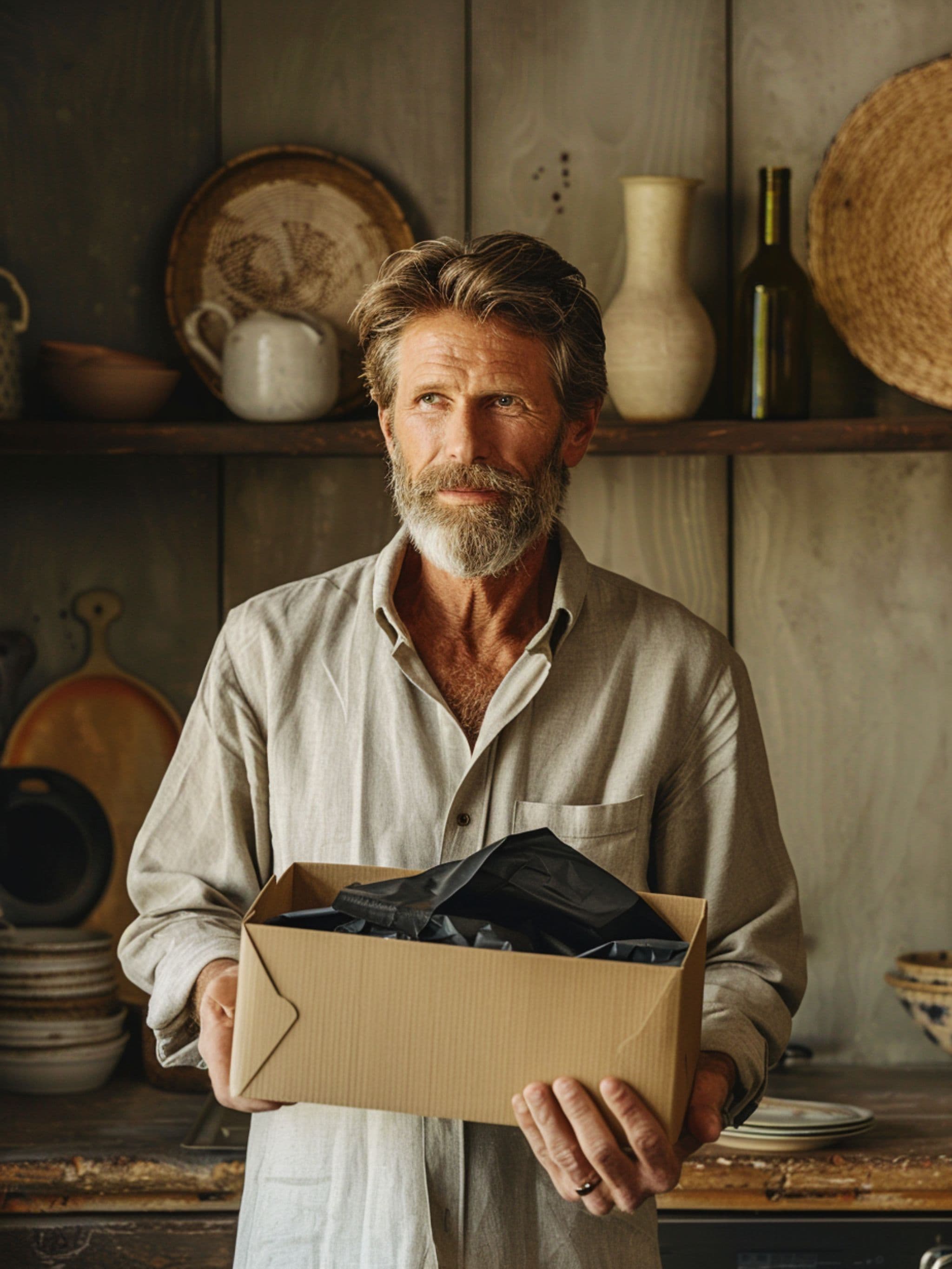 Mature man holding an olive oil subscription box in a rustic kitchen, standing calmly with soft natural light, styled as a quiet closing scene for a premium D2C offer.