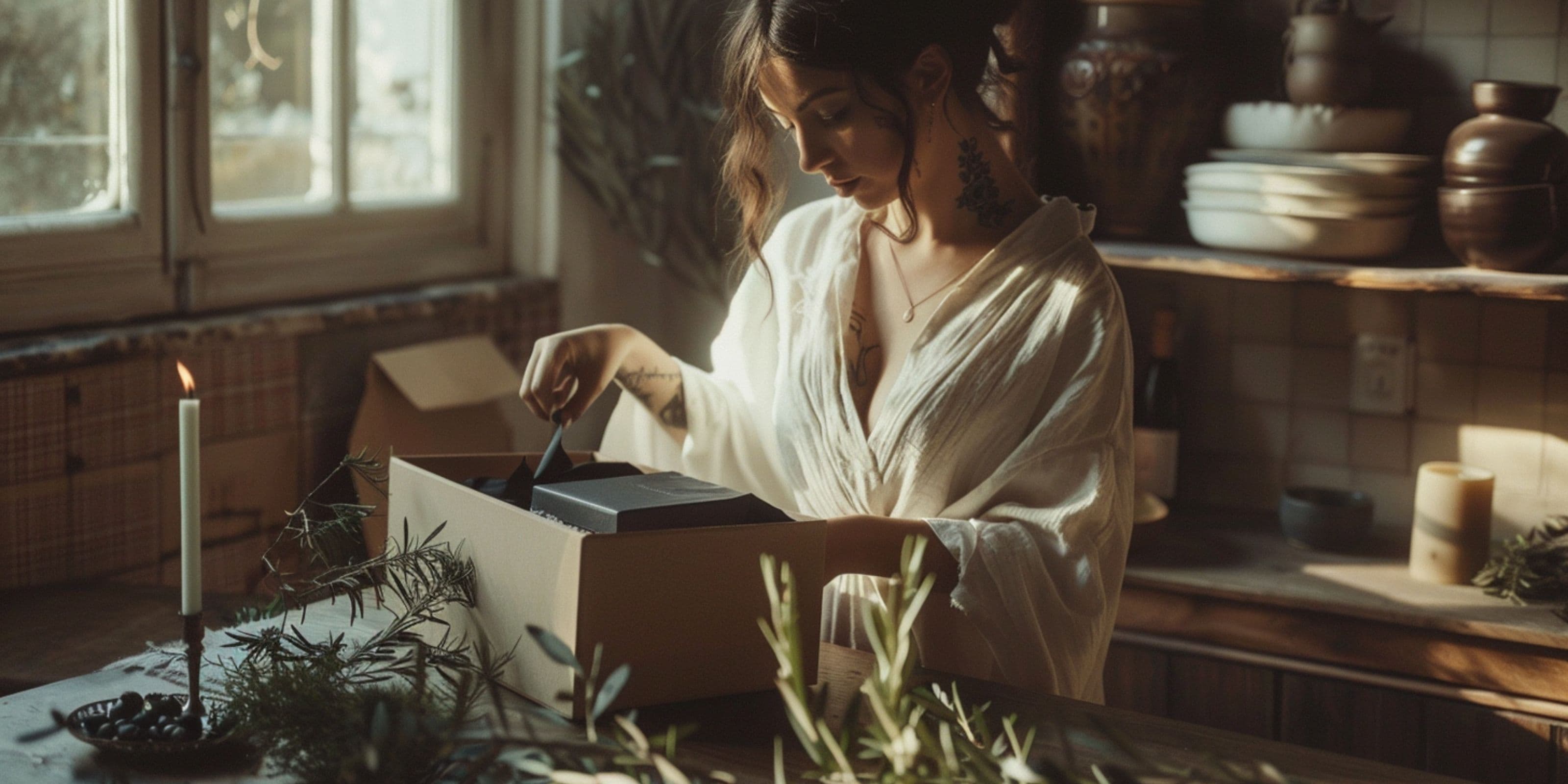 A woman unwrapping a premium olive oil subscription box in warm candlelight, with black tissue paper, olive branches, and a calm, ritual-like atmosphere.